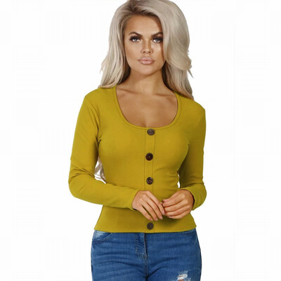 

Womens T-shirt Slim Fit Shirt Low-neck Long-sleeved Button Decorative Top