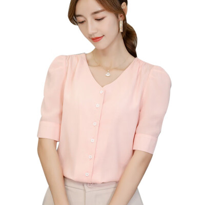 

Women V-Neck Solid Color Shirts Summer Short Sleeve Casual Top Female Button Fashion Chiffon Blouse Office Lady Shirt