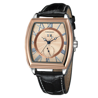 

FORSINING wine barrel watch tourbillon double fake eye band calendar mens watch automatic mechanical belt watch