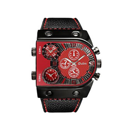 

OULM Men Three Time Zones Leather Band Quartz Watch Cool Big Dial Analog Wrist Watches