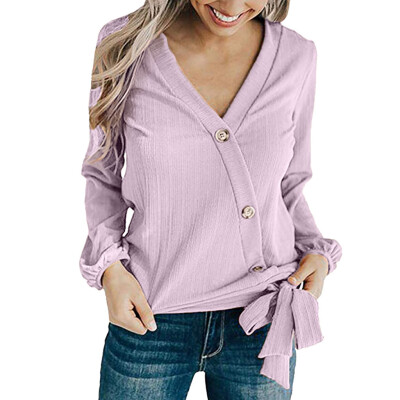 

Nomeni Women V Neck Tie Front Knot Button Long Sleeve Blouse Casual Tops Shirt BKL