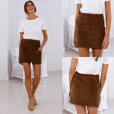 

Roseonmyhand Fashion Party Cocktail Summer Women Corduroy Pocket Skirt High Waist Skirt