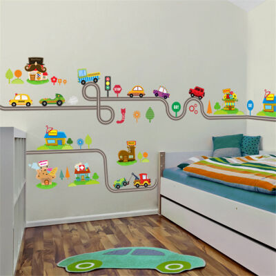 

Cartoon Cars Highway Track Wall Stickers Kids Bedroom Decor Wall Art Decals Hot