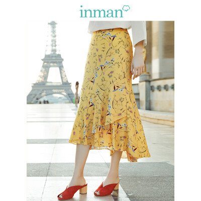 

INMAN 2019 spring new high waist was thin literary floral retro holiday wind casual A word half length skirt female 1891111494 yellow