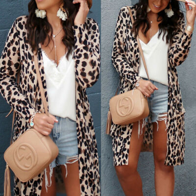 

Women Leopard Print Kimono Cardigan Ladies Beach Open Front Top Long Coat Jacket