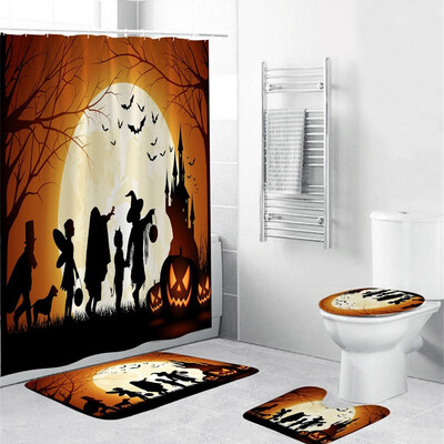 

〖Follure〗Halloween festival 4PCS Non Slip Toilet Polyester Cover Mat Set Bathroom Curtain