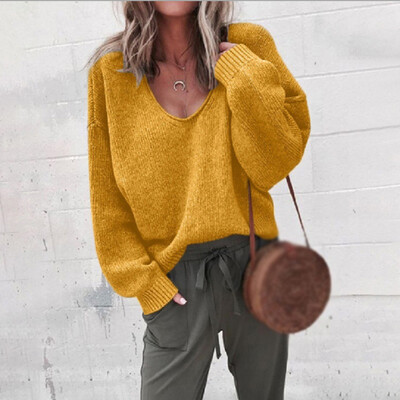 

Women Fashion Loose Casual Solid Solor Pullover Sweater Tops V-neck Long Sleeve
