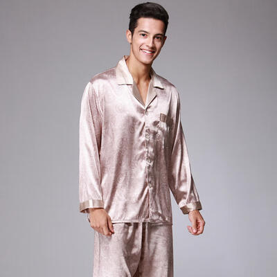 

Spring Mandarin Couple Sleeping Long-sleeved Silk Pajamas For Men Satin Pajama Male Sleepwear Nightgown Home Clothing