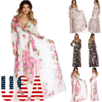 

US Women BOHO Floral Print Beach Dress Lady Evening Party Long Sleeve Maxi Dress