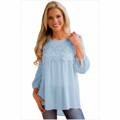 

Solid color lace round neck long sleeve lace crochet knit casual straight top