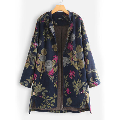 

Ladies Loose Lapel Collar Zipper Jacket Tops Floral Print Long Sleeve Warm Coat