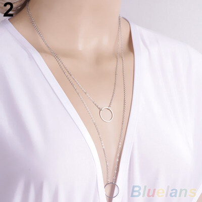 

Stylish Women Double Layer Circle Charm Pendant Long Necklace Chain Jewelry