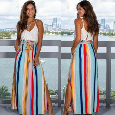 

Women Boho Striped Gypsy Long Maxi Full Long Skirt Fashion Sundress Multicolor