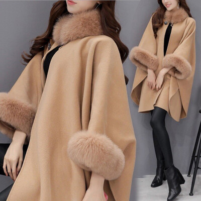 

Womens Winter Warm Fur Overcoat Solid Long Sleeves High Neck Loose Cloak Coat