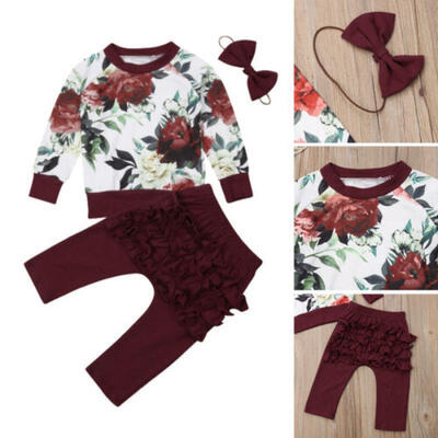 

Newborn Baby Girl Flower Tops Shirt Ruffle Pants Leggings 3PCS Outfits Clothes
