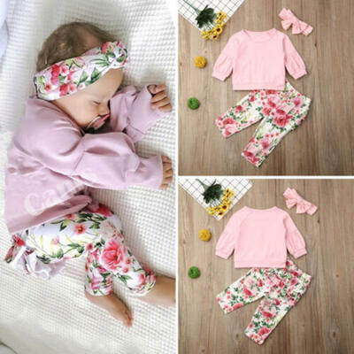 

US Newborn Kids Baby Girl Floral TopsRuffle Long PantsHeadband Outfits Clothes