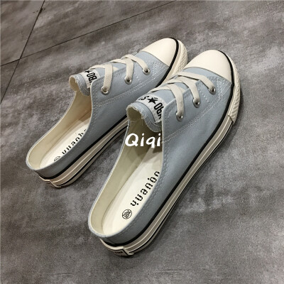 

Womens shoes 2019 new summer canvas shoes womens half drag heel shallow shoes womens tide shoes