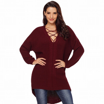

V-neck cross with long sleeve ribbed knit sweater