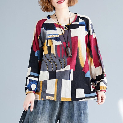 

Women Vintage Loose Blouse Printed Raglan Long Sleeves Oversized Plus Size Cotton Linen Spring Autumn Casual Tops