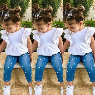 

US Fashion Kids Baby Girl Ruffle Tops Pearl Denim Pants Jeans Outfits Clothes