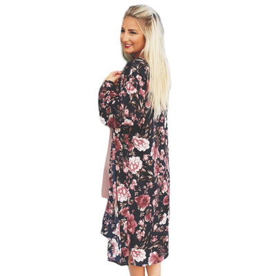 

New Women Chiffon Loose Cardigan Open Front Floral Print Long Sleeves Thin Vintage Casual Outerwear Black