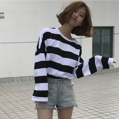 

Spring Women T-Shirt Stripe Printed Loose Base Casual Long Sleeve O-Neck Tees Tops Ladies Girl 3 Colors Tops Tee