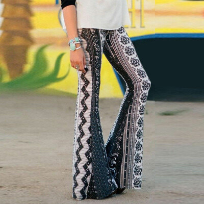 

Women ladies Floral print Hippie boho long pants High Waisted skinny slim Long Flared Bell Bottom long Pants Trousers