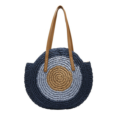 

2019 New Peacocks Eye Straw Women Shoulder Bag Circle Handmade Contrast Color Large Handbag Beach Bag Over Shoulder Tote Bag
