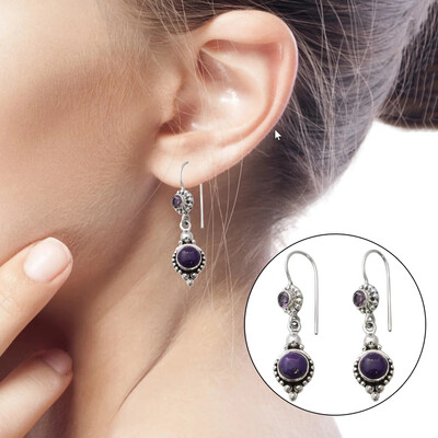 

Vintage Womens Faux Amethyst Round Stone Dangle Hook Earrings Party Jewelry