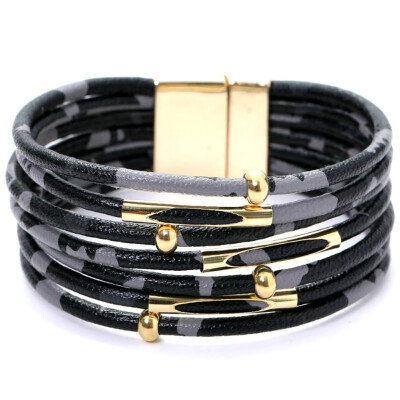 

Women Leopard BraceletsMetal Pipe Charm Multilayer Wide Leather