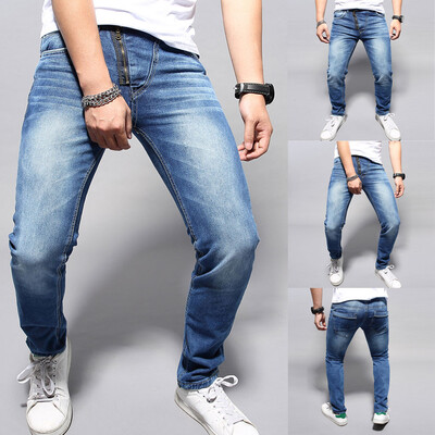 

Gobestart Men Pure Color Zipper Denim Vintage Wash Hip Hop Work Trousers Jeans Pants