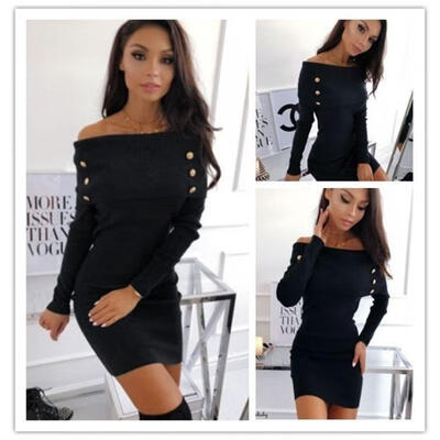 

Women Sexy Off Shoulder Knitted Button Long Sleeve Mini Dress Evening Party Cocktail Dress