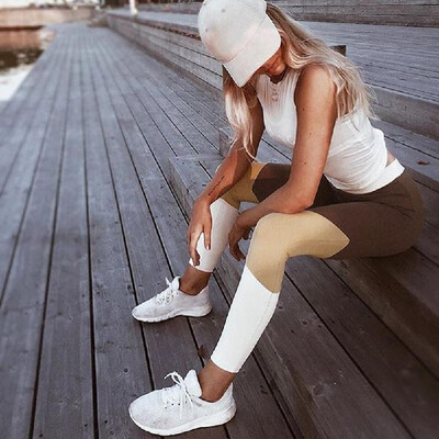 

Women Sports Leggings Color Block High Waist Running Tights Gym Fitness Workout Skinny Pants Trousers Coffee