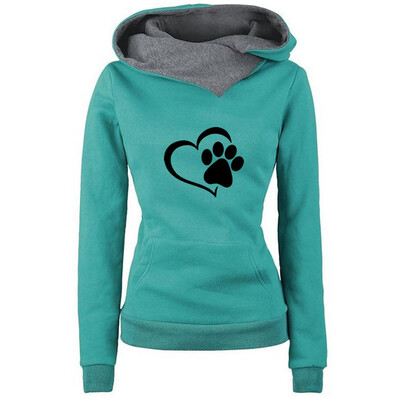 

New Arrival Women Heart And Footprint Printed Hoodie Slim Long Sleeve Solid Color Hooded Sweatshirts For Ladies