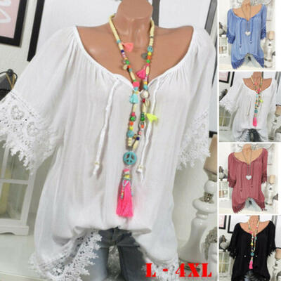 

Plus Size 10-20 Women Boho Floral Short Sleeve Blouse Baggy Tops V Neck T Shirt