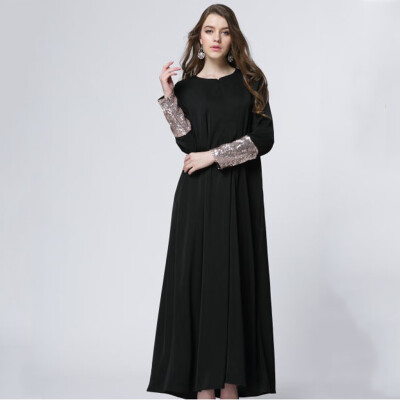 

〖Follure〗Women O-Neck Solid Long Sleeve Sequin Patchwork Sleeve Muslim Custom Long Dress