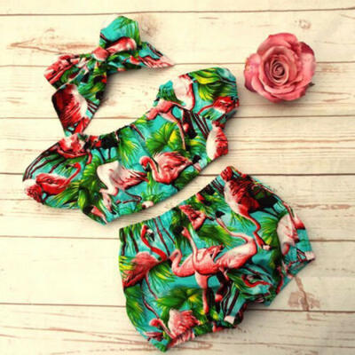 

USA 3pcs Toddler Kids Baby Girl Flamingo Off Shoulder Top Pants Outfits Clothes