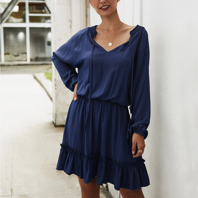 

Women Autumn Solid Color Wild V Collar Sexy Temperament Long Sleeve Ruffle Slim Shirts Casual Dress