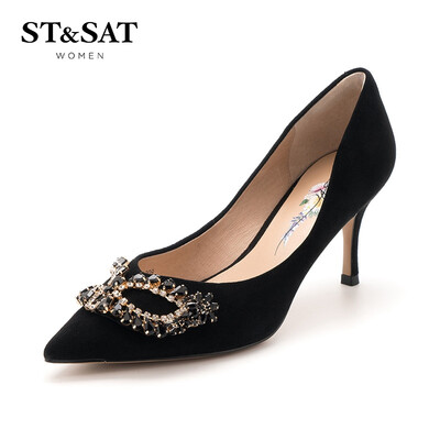 

Saturday ST & SAT suede sheep leather fashion shallow mouth elegant buckle high-heeled shoes SS91111209 black 34