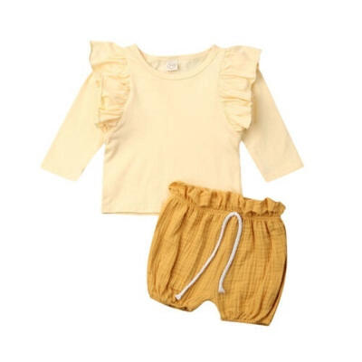 

2Pcs Newborn Baby Girls Clothes Long Sleeve TopsPP Shorts Cotton Linen Outfits