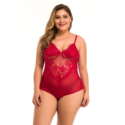 

Gobestart New One Piece Women Plus Size Mesh Lace V-Neck Teddy Lingerie Jumpsuit Underwear