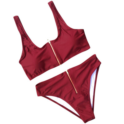 

Saidsome Women Pure Color High Waist Zipper Bikini Padded Swimsuit Bathing Beachwear