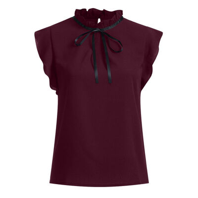 

Womens Short Sleeve Turtleneck Solid Bow Ruffles Chiffon Blouse