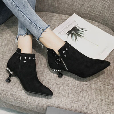 

Rose Womens Fashion Solid Pointed Toe Crystal Zipper Thin Low Heel Boots Shoes