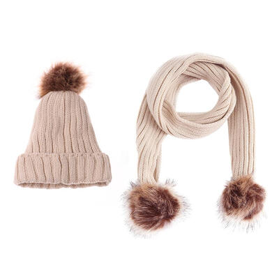 

2pcs Cute Children Girls Pompom Fleece Hats Scarf Kids Winter Warm Set Gift