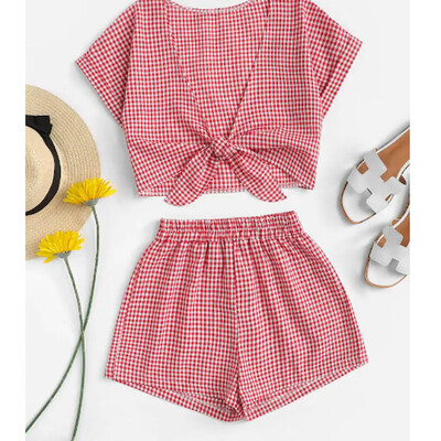 

Roseonmyhand Fashion Women Printed Short Sleeve Bandage V-Neck BlouseShorts Hot Pants Set