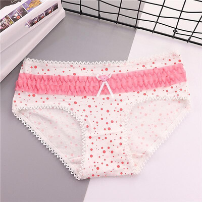 

Cute Women Underwear Cotton Blends Polka Dot Print Crochet Lace Scallop Tied Ruffle Elastic Waist Bow Briefs