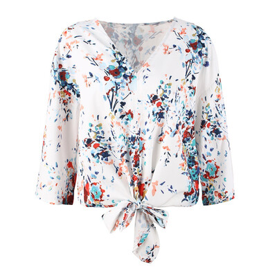 

Summer Shirt Women Shirt Three quarter Sleeve Female T-shirt floral V-neck Fashion