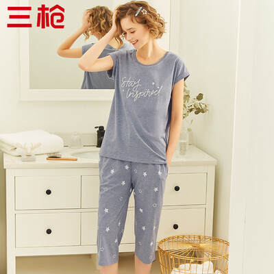 

Three guns home service suit female 2019 spring&summer new product gray water soft cotton round neck short sleeve pants women pajamas blue gray 2XL