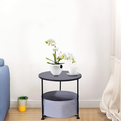 

Gobestart Round Wood Side Table With Fabric Storage Black Double Layer